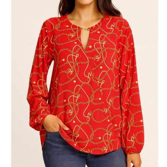 Marc Jacobs blouse top tomatoe red chain pattern pop over blouse top NEW SZ LG - Picture 1 of 13
